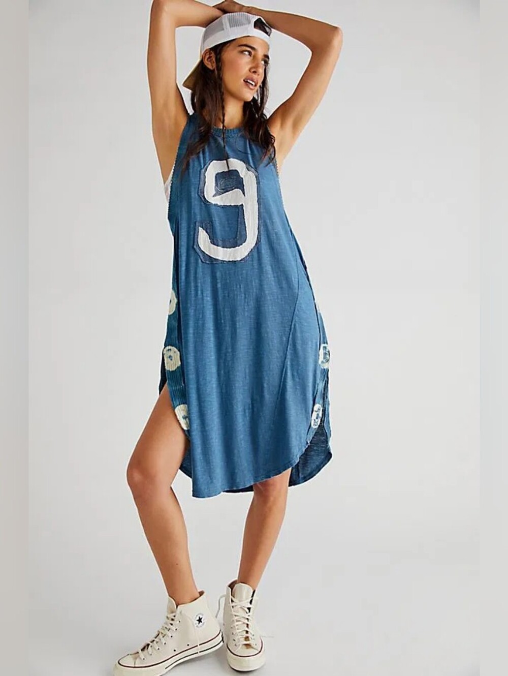 Free People Deep Sea Tee Indigo Combo Dress Linen Sporty Varsity Relaxed XS